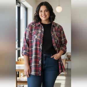 Cato Plus Size Women's Plaid Button-Up Rolled Tab Shirt